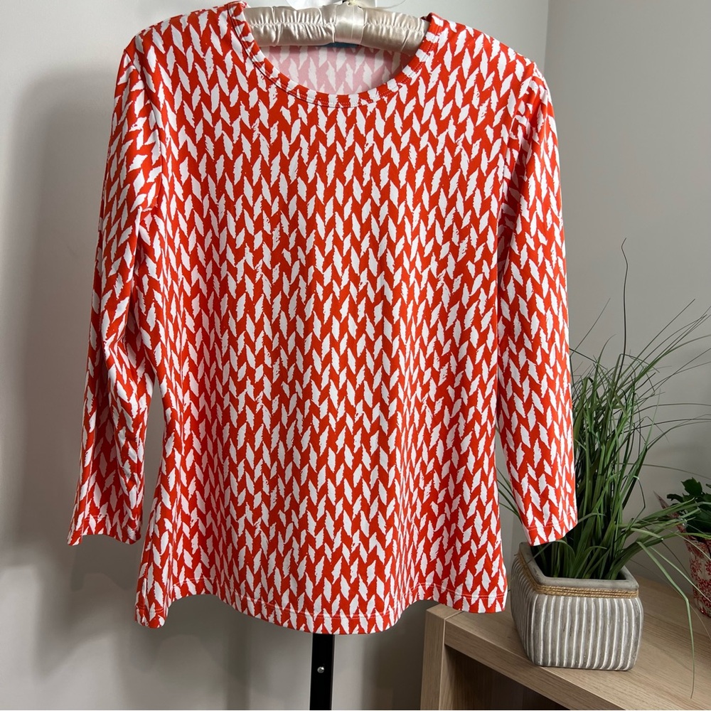 J. McLaughlin Signature Catalina Cloth Tee in Orange White Pattern Top S